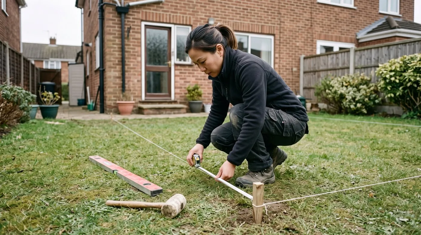 Woman measuring string lines between pegs to mark out a patio area outside a back door