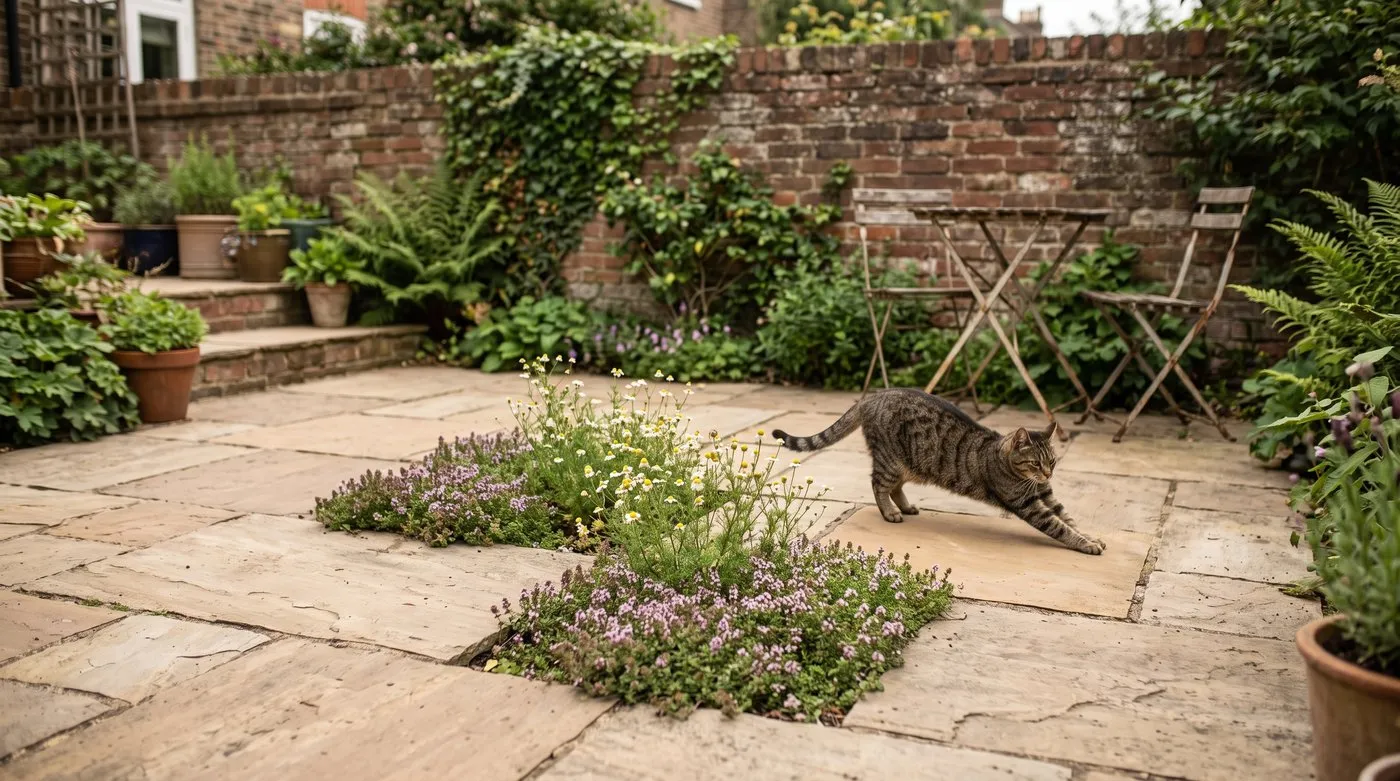 Sandstone patio with planting pockets of thyme and chamomile and a cat basking on a slab