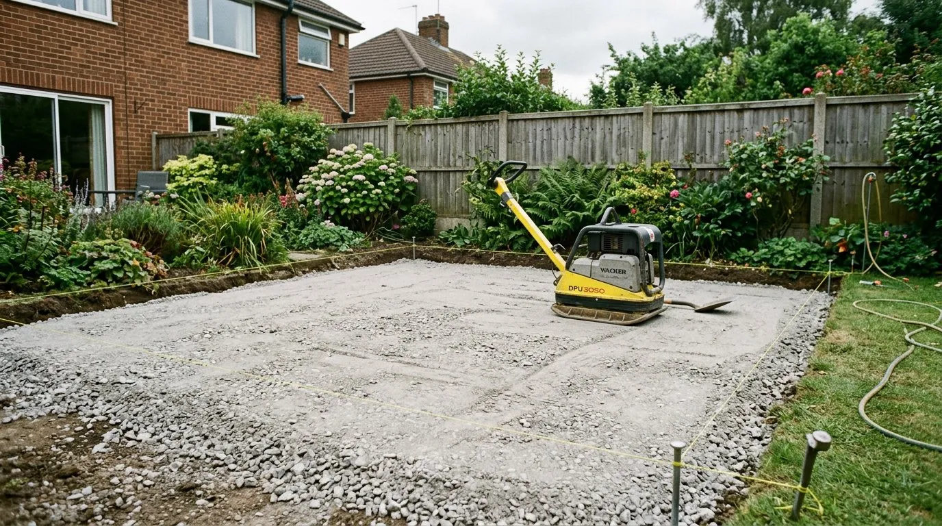 Compacted MOT Type 1 sub-base for a garden patio, levelled and ready for a mortar bed