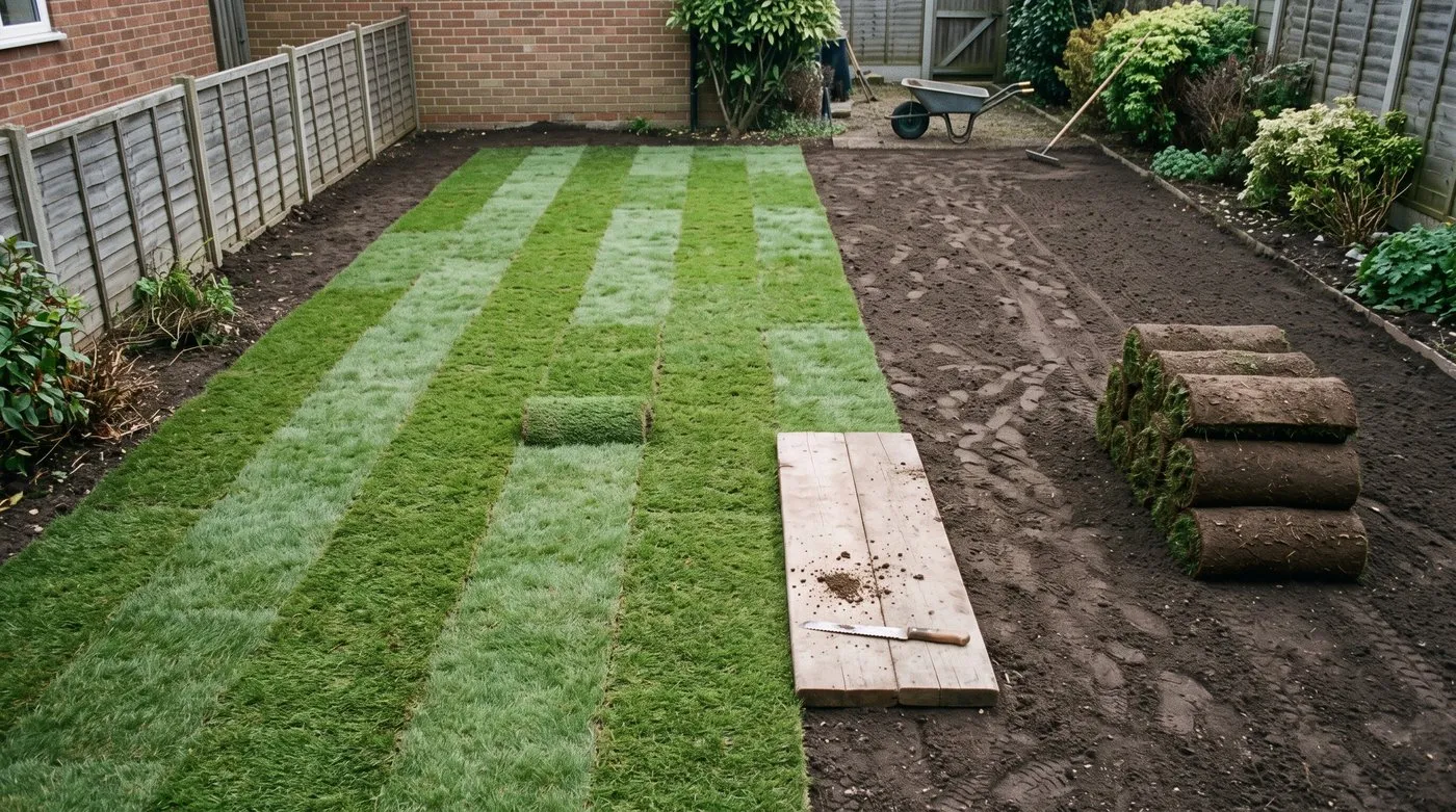New turf laid in rows with staggered brick bond joins butted tightly together