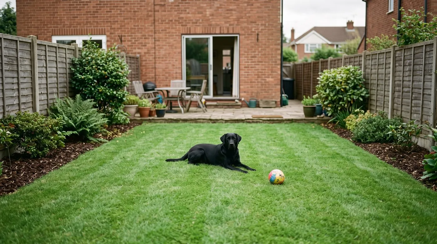 Established turf lawn in a family garden with a black Labrador lying on the grass