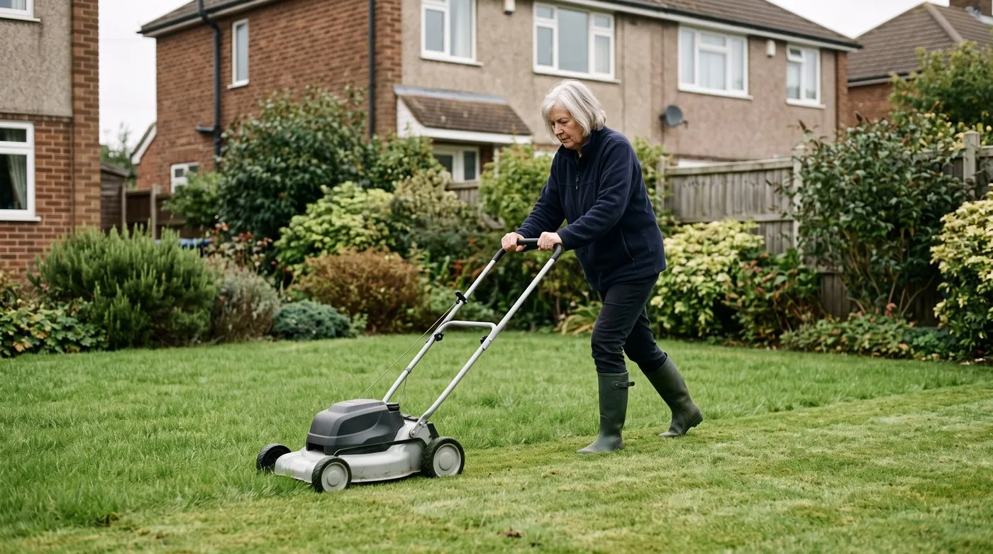 Older gardener giving a new turf lawn its first mow on the highest setting