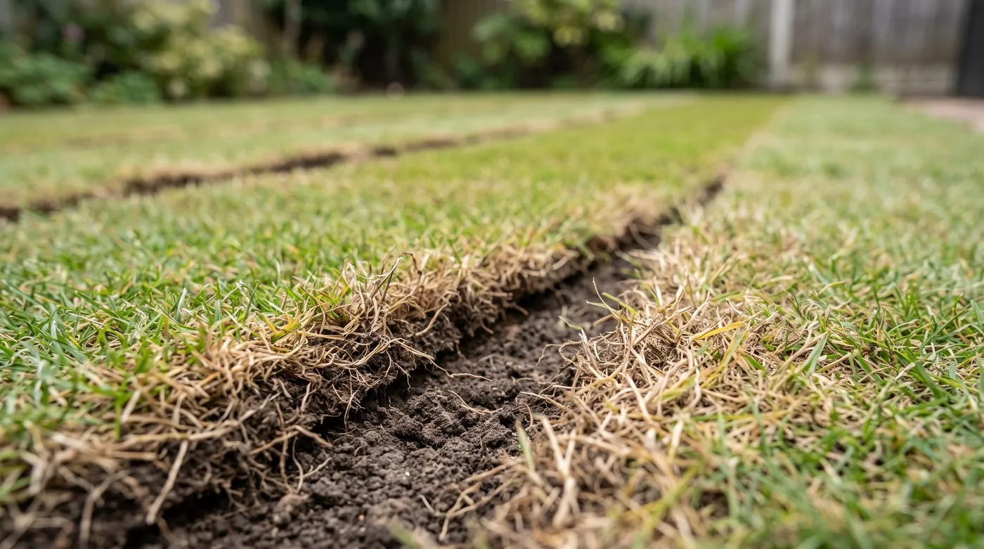 Brown dried-out lines along gaps between turf rolls that were not pushed together