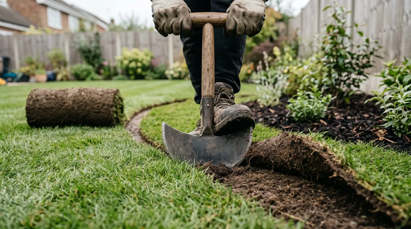 Half-moon edging iron cutting a smooth curve in new turf along a flower border