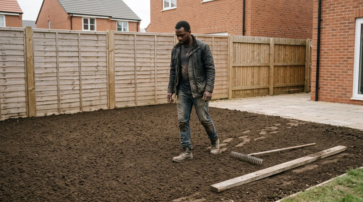 Man heeling in raked topsoil with small shuffling steps to firm it before laying turf