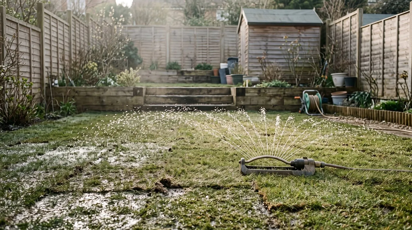 Sprinkler soaking a newly laid lawn early in the morning