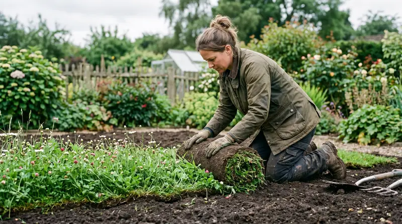 A UK gardener unrolling fresh wildflower turf onto prepared low-nutrient soil with the first roll showing lush green growth