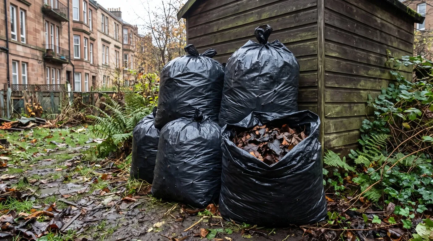 Black sacks of damp autumn leaves with small holes, stacked behind a shed to make leaf mould