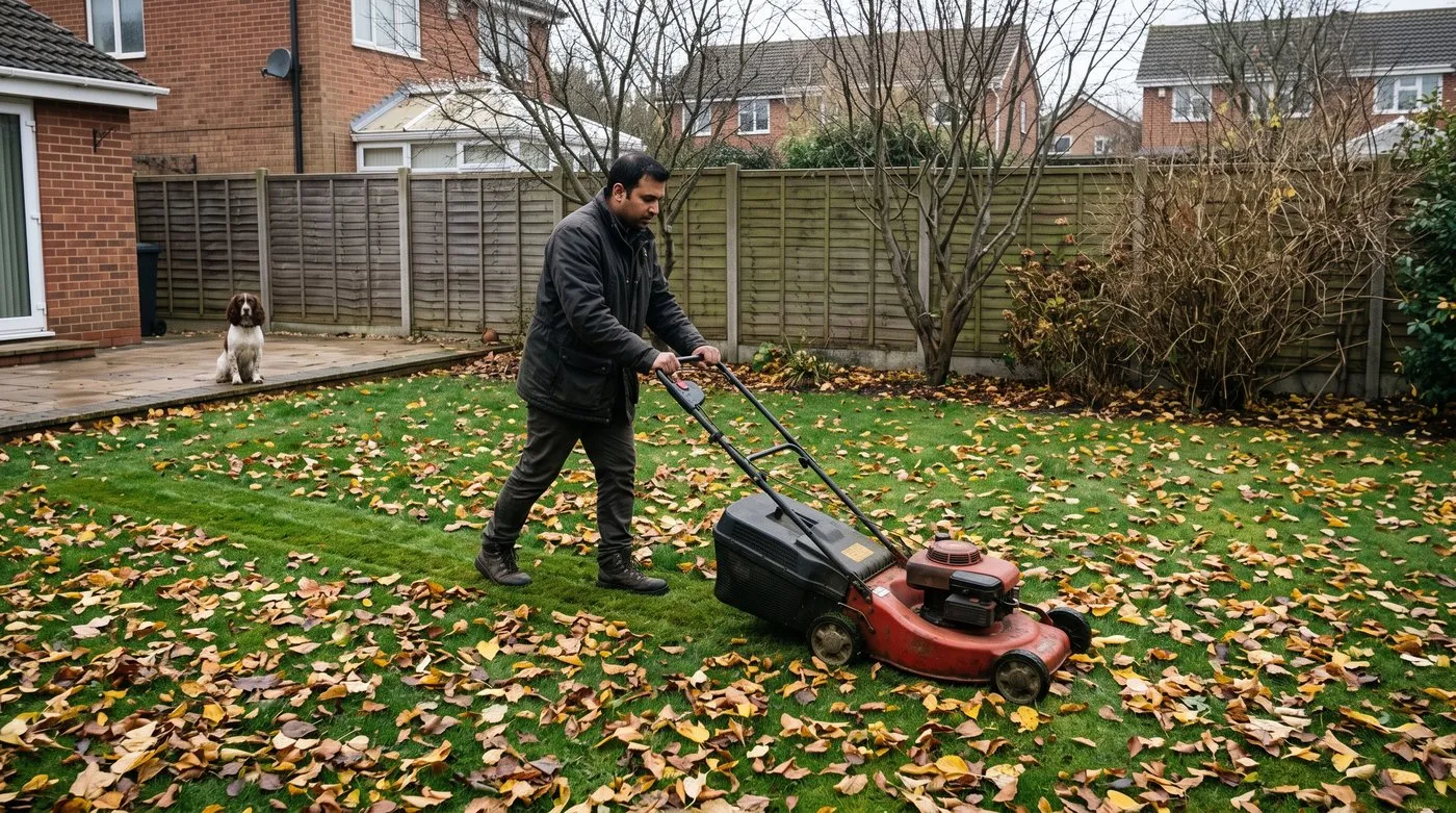 Man mowing fallen autumn leaves off a lawn while a spaniel sits on the patio