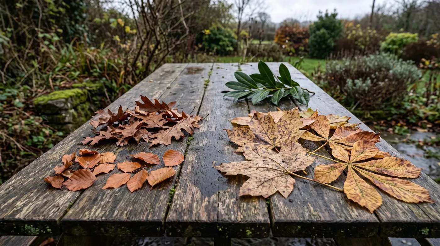 Oak and beech leaves beside larger sycamore, horse chestnut and laurel leaves on a garden table