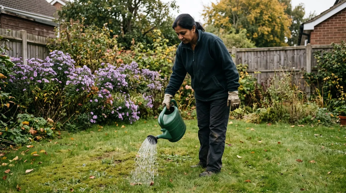 Woman watering nematodes onto a damp lawn with a watering can on an autumn evening