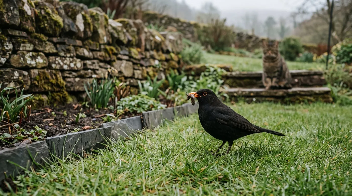 Blackbird on a lawn holding a leatherjacket grub in its beak