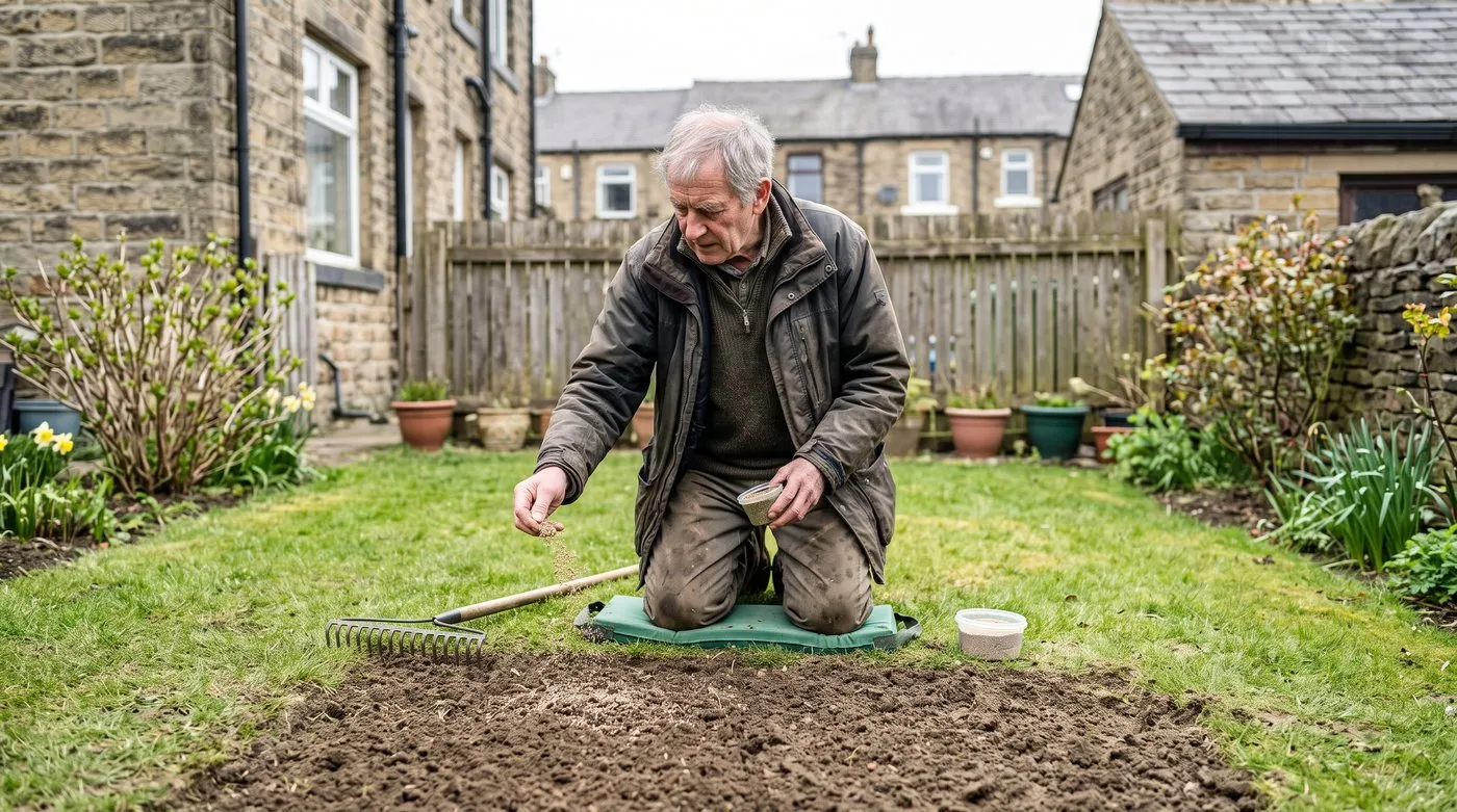 Older man scattering grass seed onto a raked bare patch of lawn in spring