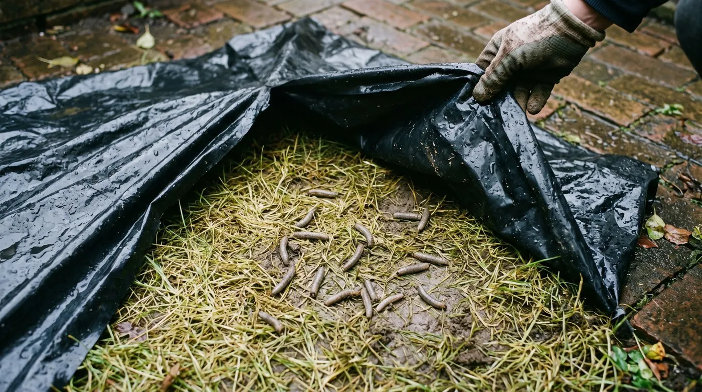 Leatherjacket grubs on the lawn surface after a black plastic sheet is lifted in the morning