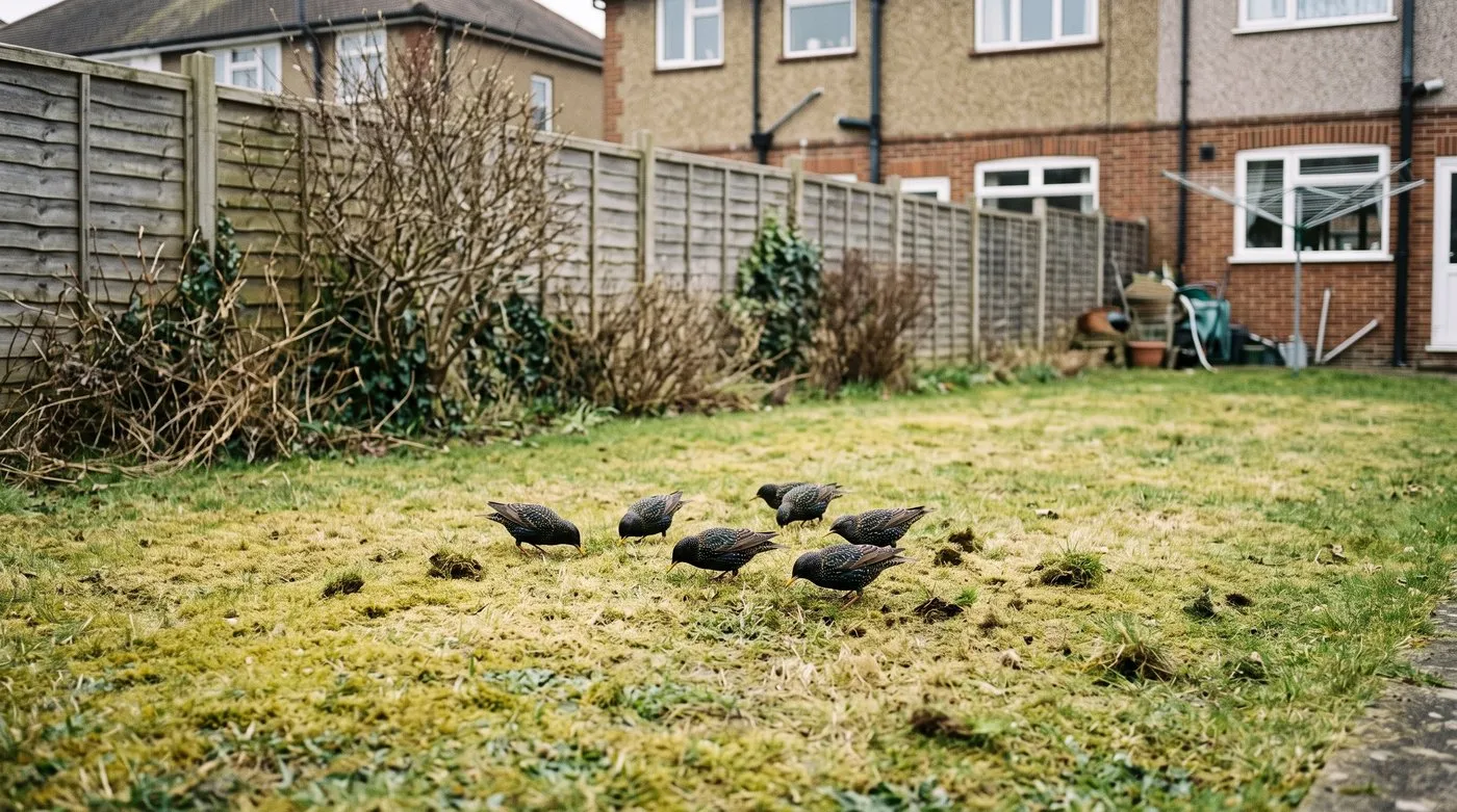 Starlings probing a lawn with irregular yellow and brown patches caused by leatherjackets in spring