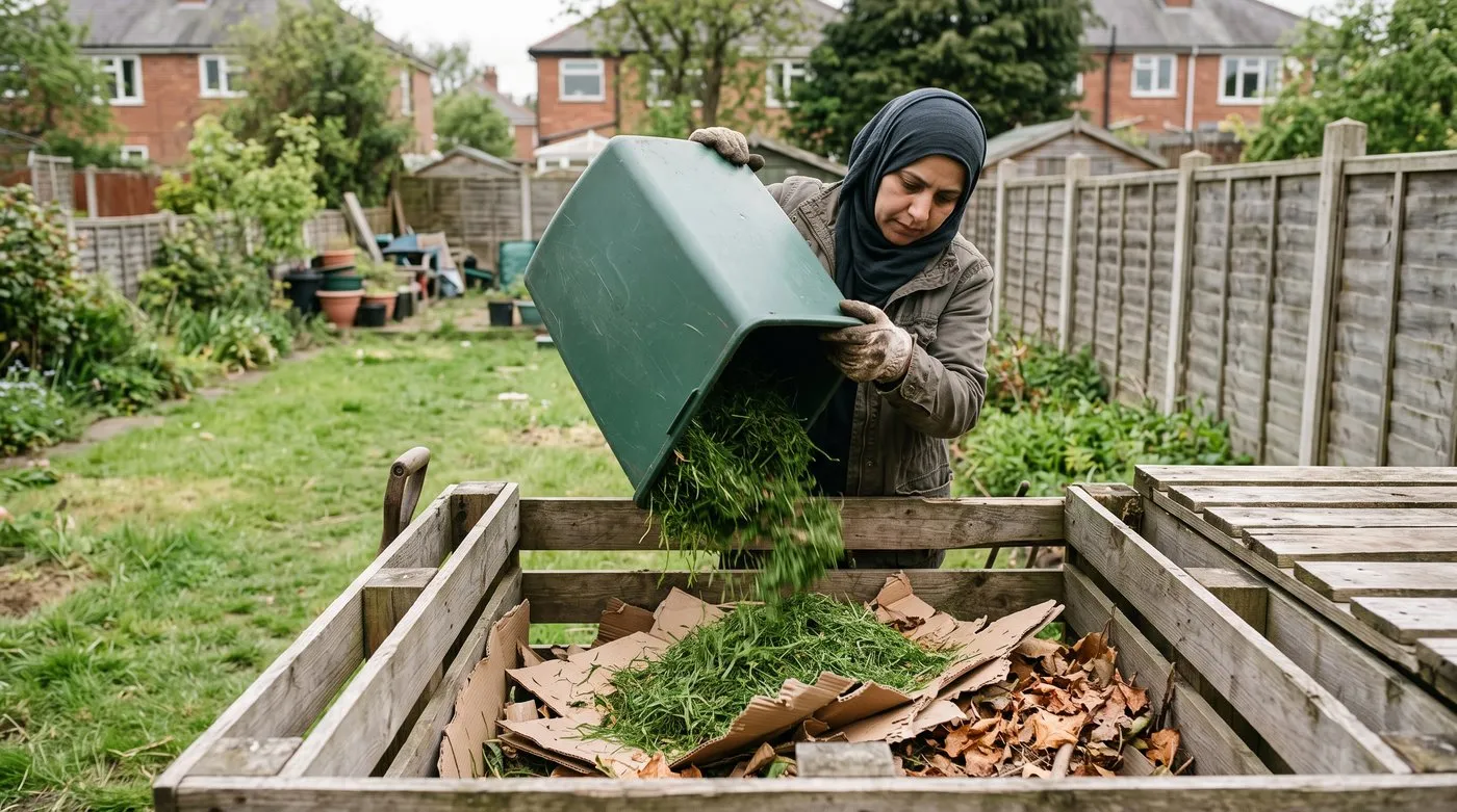 Woman tipping grass clippings into a wooden compost bay layered with torn cardboard and dry leaves
