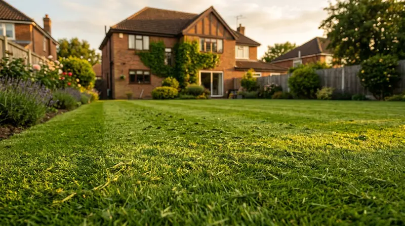 Fine grass clippings left scattered across a healthy green suburban lawn after mulch mowing in the UK