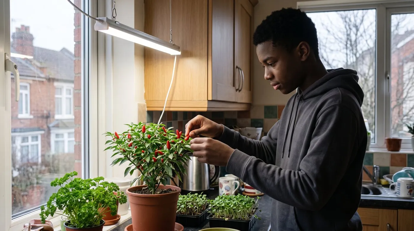 Teenager picking red chillies from a compact plant growing under an LED light bar in a kitchen