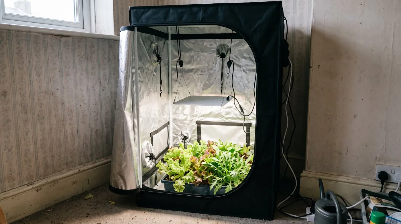 White LED grow light panel hanging above a tray of lettuce and rocket in a small reflective grow tent
