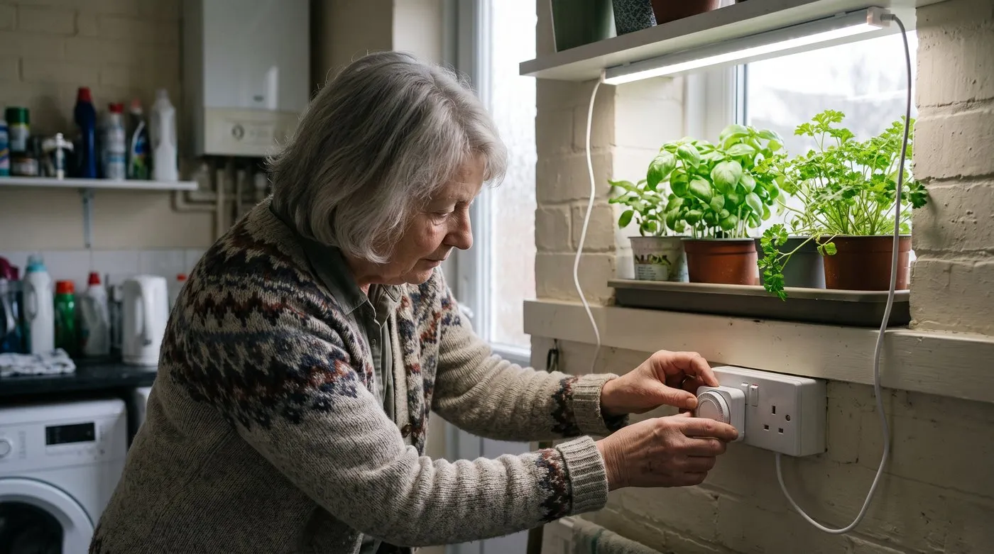 Woman setting a plug-in timer for an LED grow light above pots of basil and parsley
