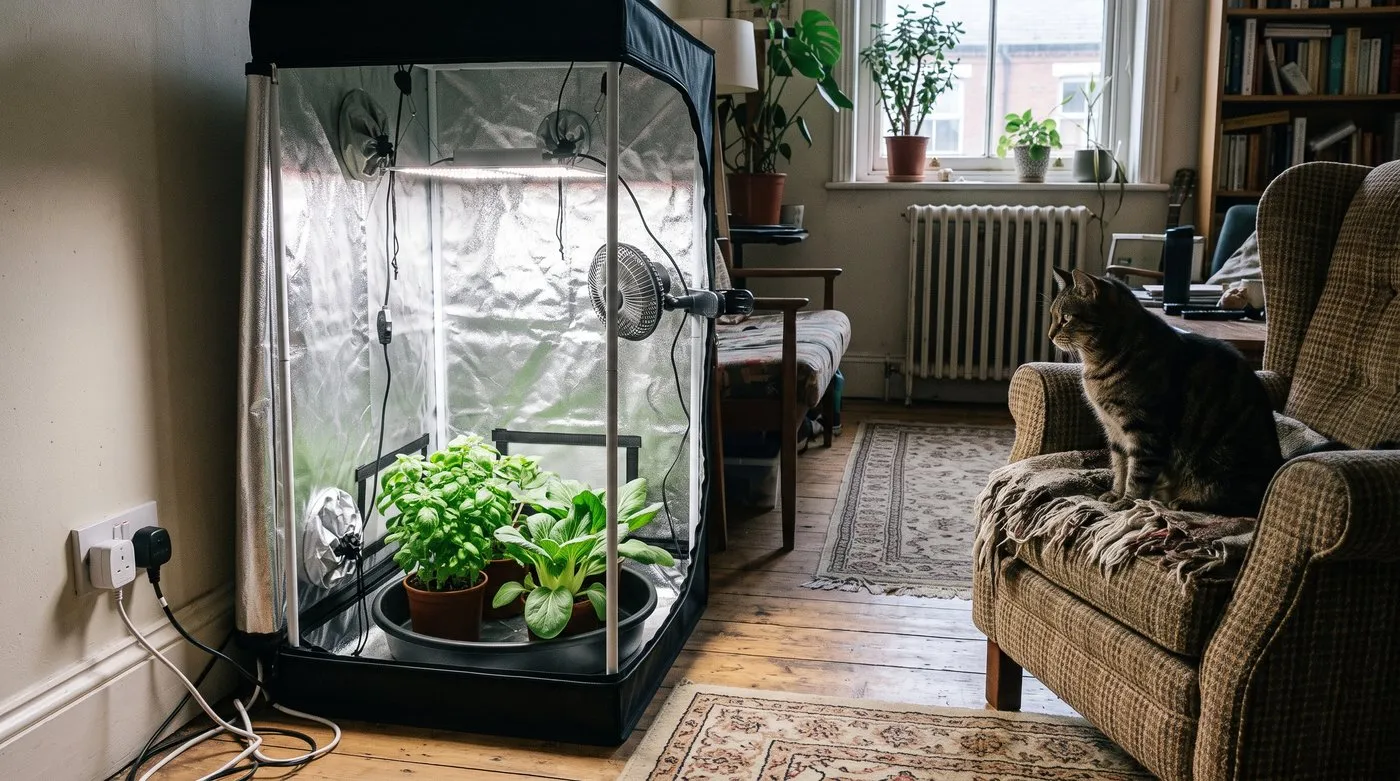 Small grow tent with a white LED light, clip-on fan and pots of basil and pak choi in drip trays