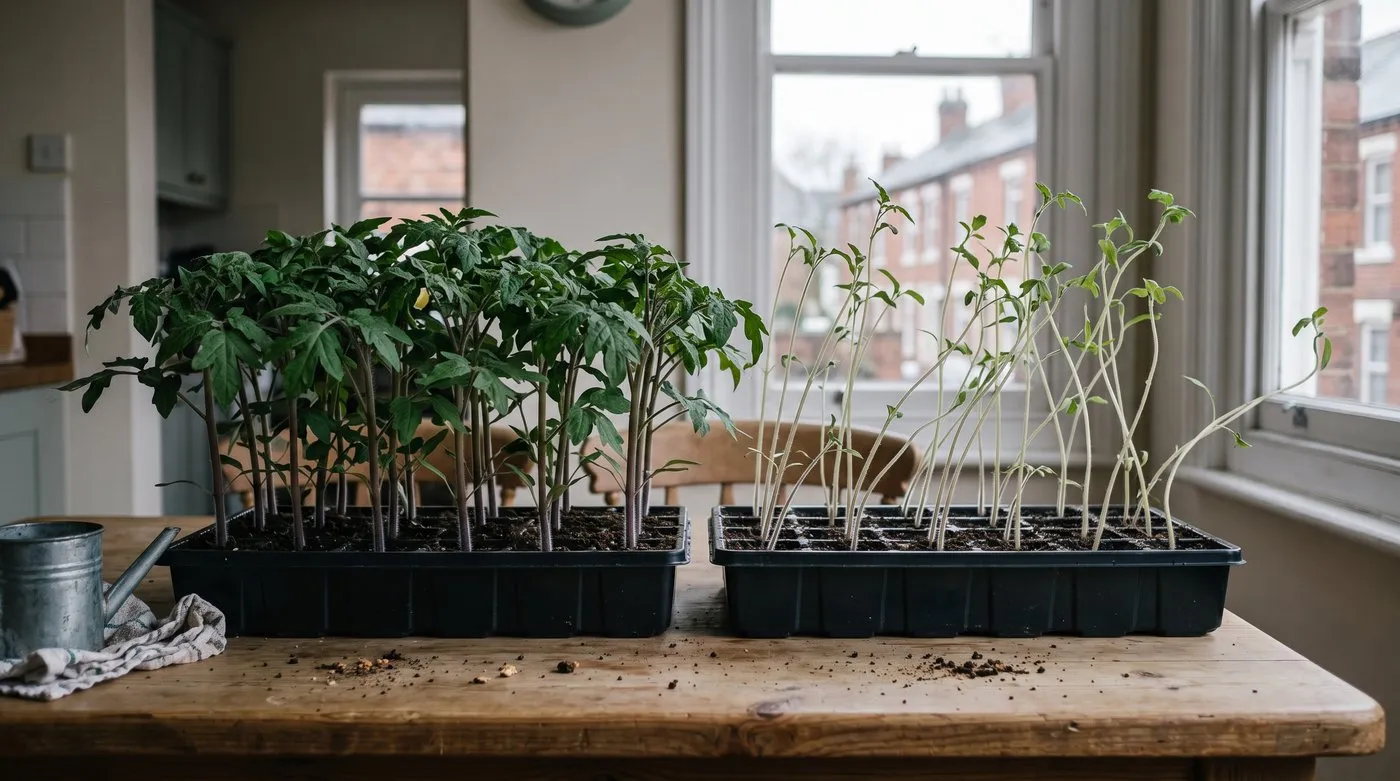 Sturdy tomato seedlings grown under a light beside pale, stretched seedlings grown on a dim windowsill