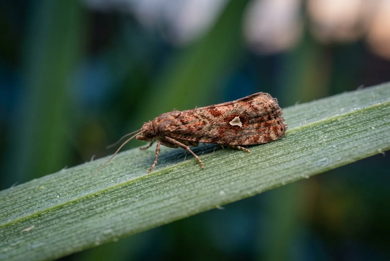 Close-up of a small mottled reddish-brown leek moth resting on a green leek leaf blade at dusk
