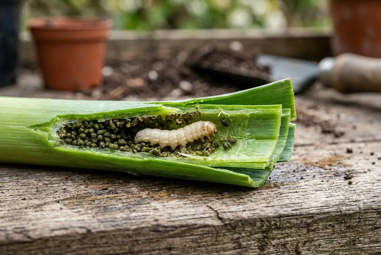 A leek leaf sliced open to reveal a creamy-white leek moth caterpillar in a frass-filled tunnel