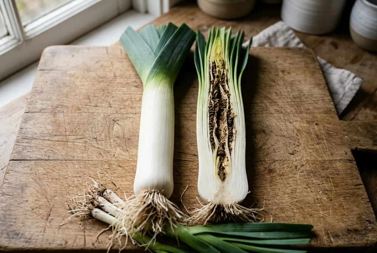 Two trimmed leeks side by side, one clean and white, the other cut open to show tunnel damage in the centre