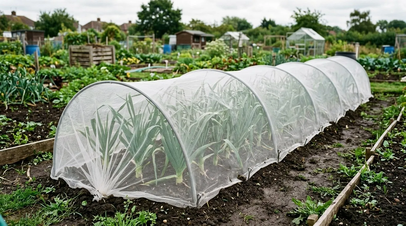 A row of allotment leeks covered with fine white insect-proof mesh pegged to the soil to keep leek moth out