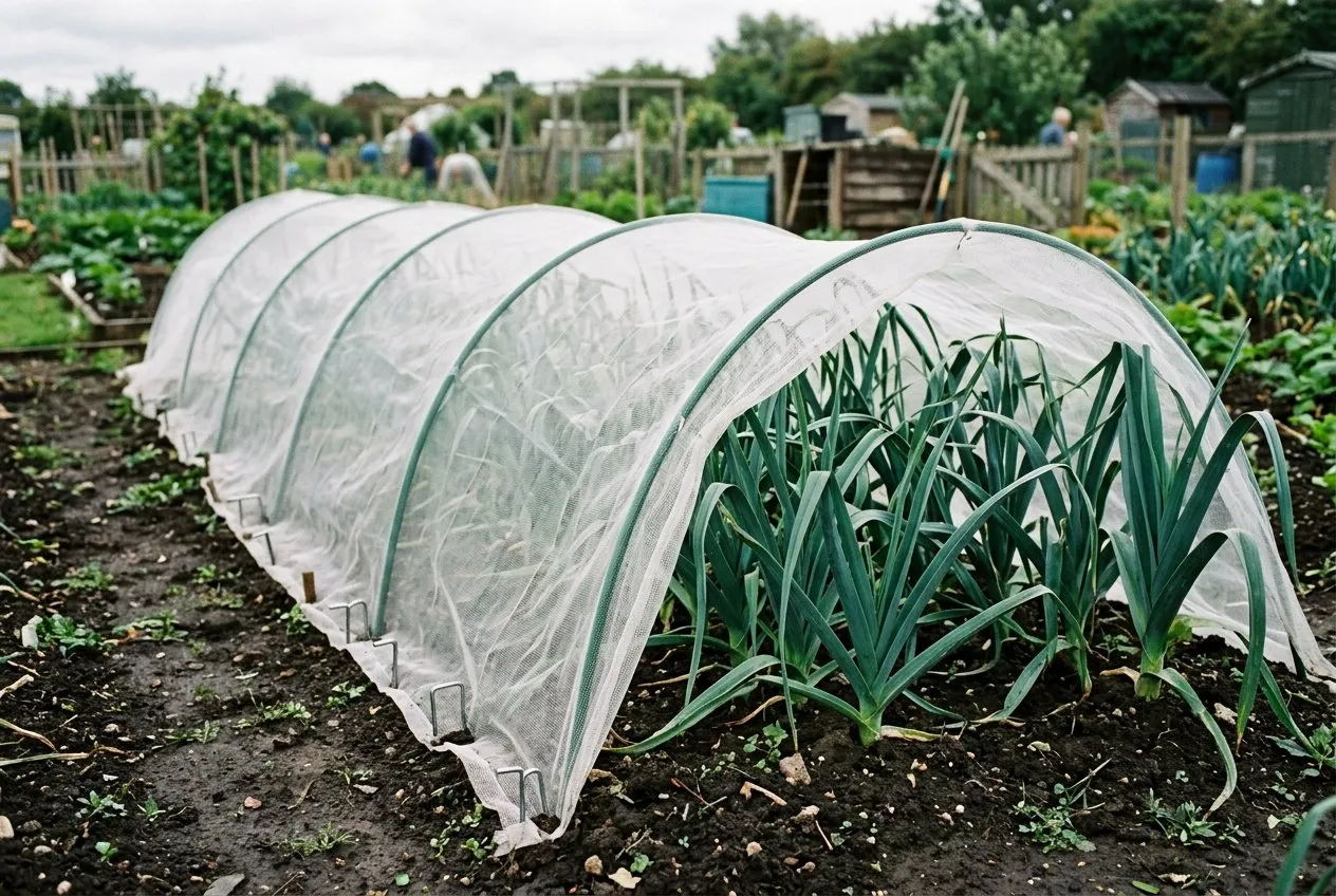 An allotment leek bed part-covered with fine insect mesh over metal hoops, edges pinned to the soil
