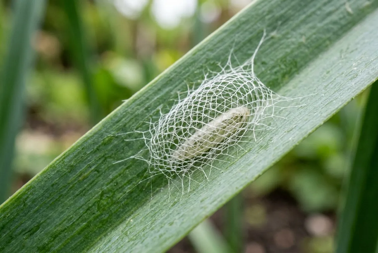 A white net-like silk leek moth cocoon spun on the surface of a green leek leaf