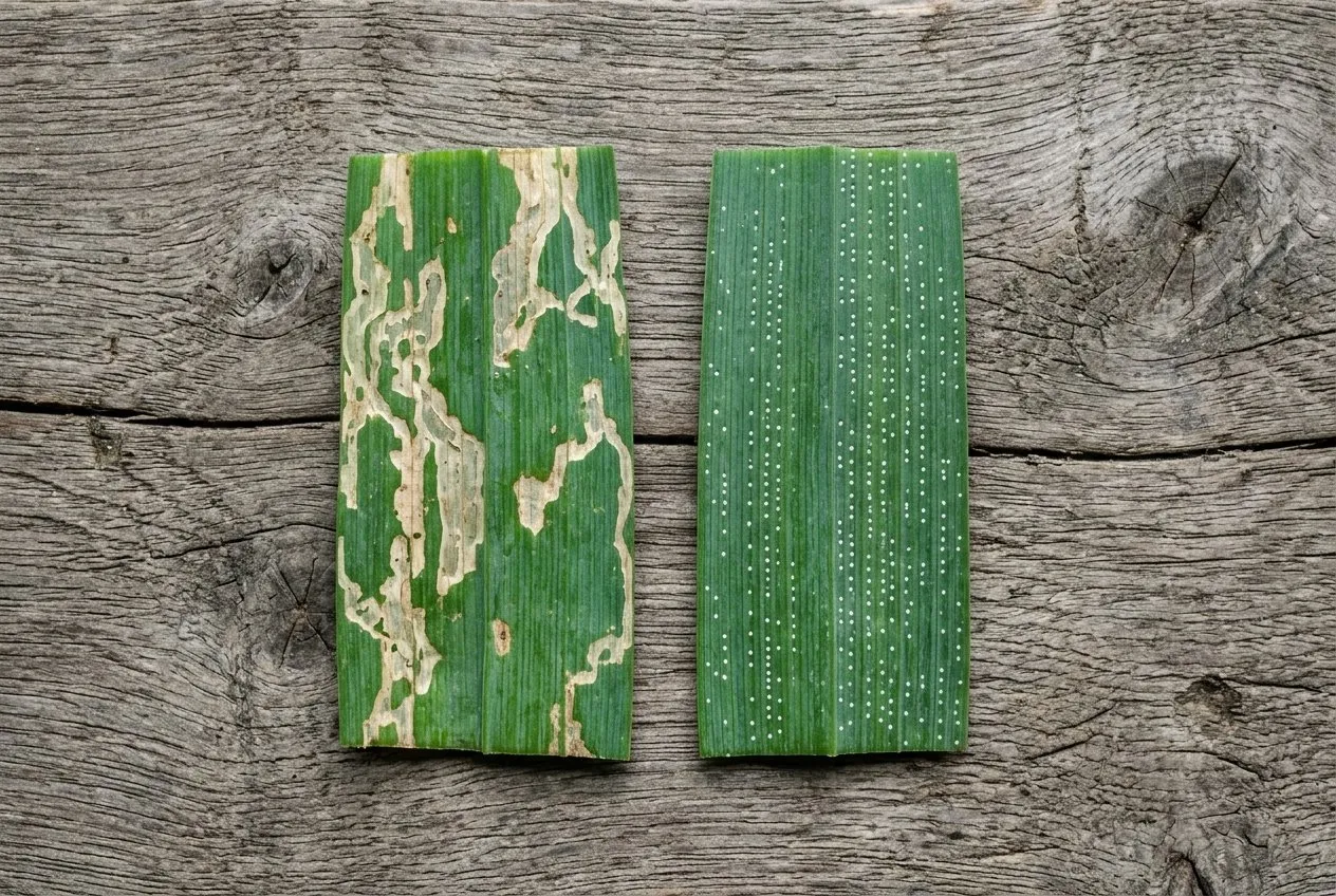 Two leek leaves side by side, one with leek moth window-pane tunnels and one with allium leaf miner white dot rows