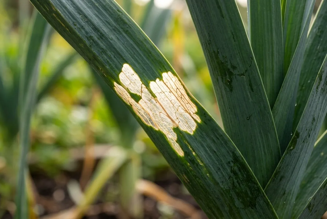 A leek leaf showing pale translucent window-pane grazing patches where young caterpillars have fed inside the leaf