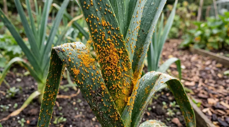 Close-up of UK garden leek leaves covered in bright orange leek rust pustules in late summer morning light