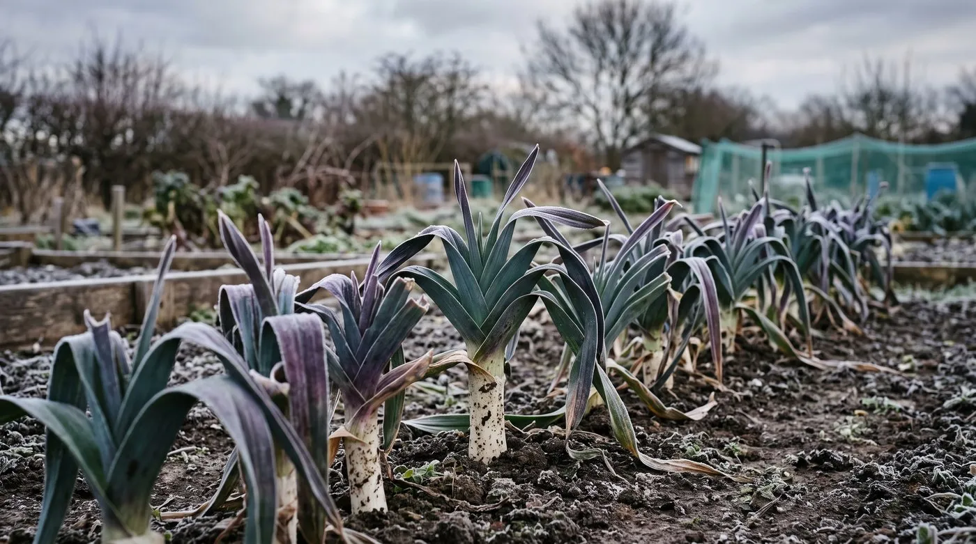 Bleu de Solaise leeks with blue-green leaves turning violet after a hard frost