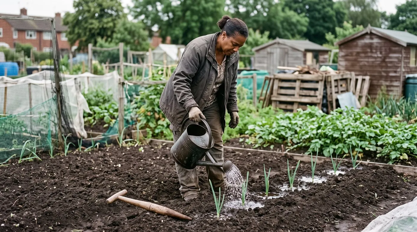 Woman watering leek seedlings dropped into deep dibber holes on an allotment