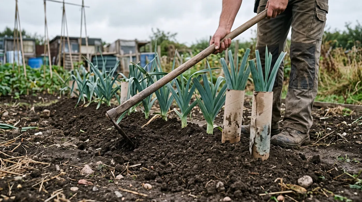 Soil drawn up with a hoe around a row of leek stems to blanch them in August