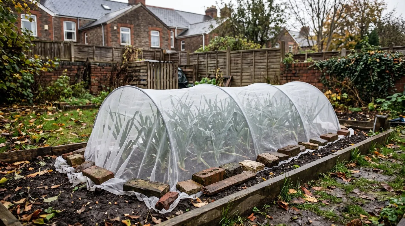 Leek bed covered with fine insect mesh over hoops, with weighted edges, in autumn