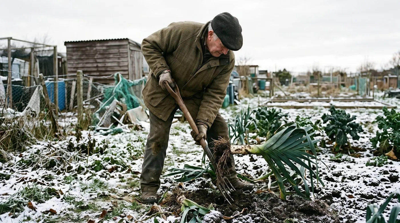 Older man lifting a thick leek with a garden fork on a snowy allotment in Scotland