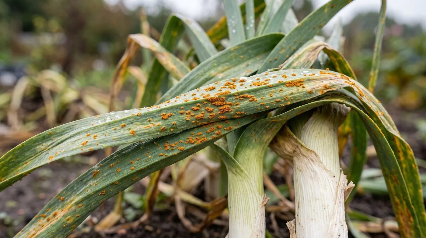 Leek leaves spotted with bright orange rust pustules in late summer