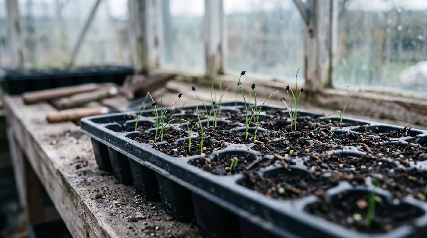 Grass-like leek seedlings growing two or three per cell in a module tray in an unheated greenhouse