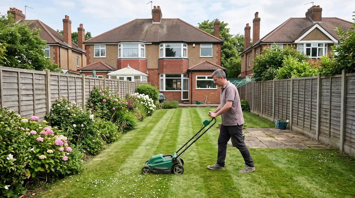 Man mowing a striped back lawn with a battery mower beside a fence in a suburban semi garden