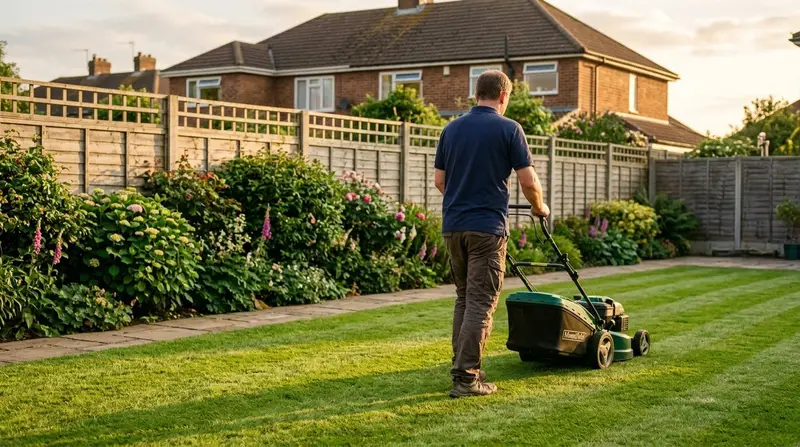 A man pushing a petrol rotary mower across a suburban back lawn on a bright summer evening in a typical UK semi-detached