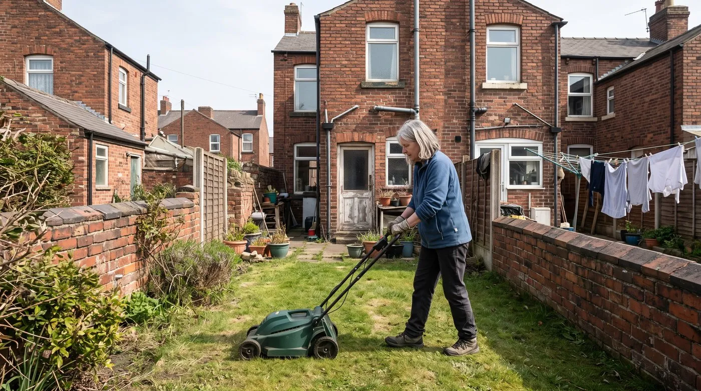 Woman mowing a small lawn behind a terraced house with neighbouring gardens close on both sides