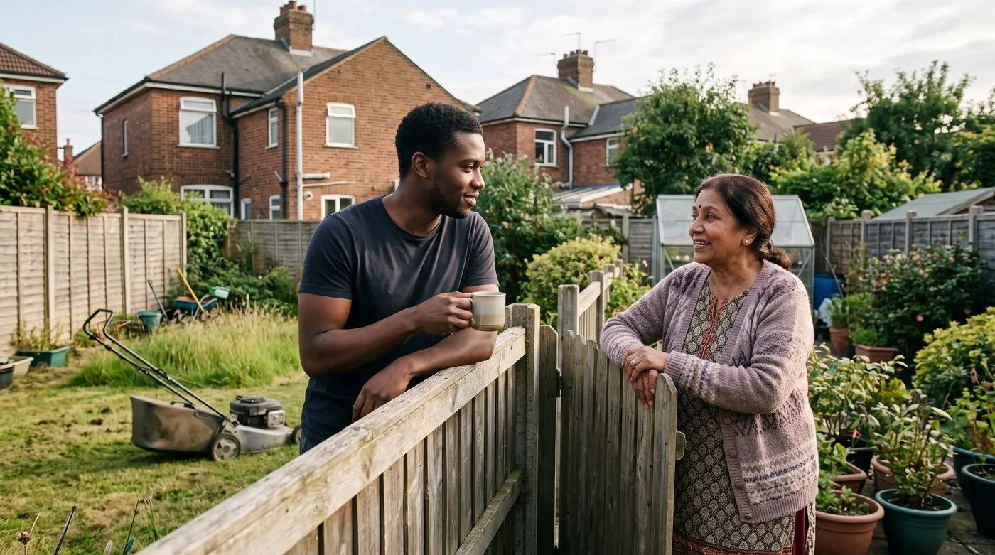 Two neighbours chatting over a garden fence with a lawn mower parked on the grass behind