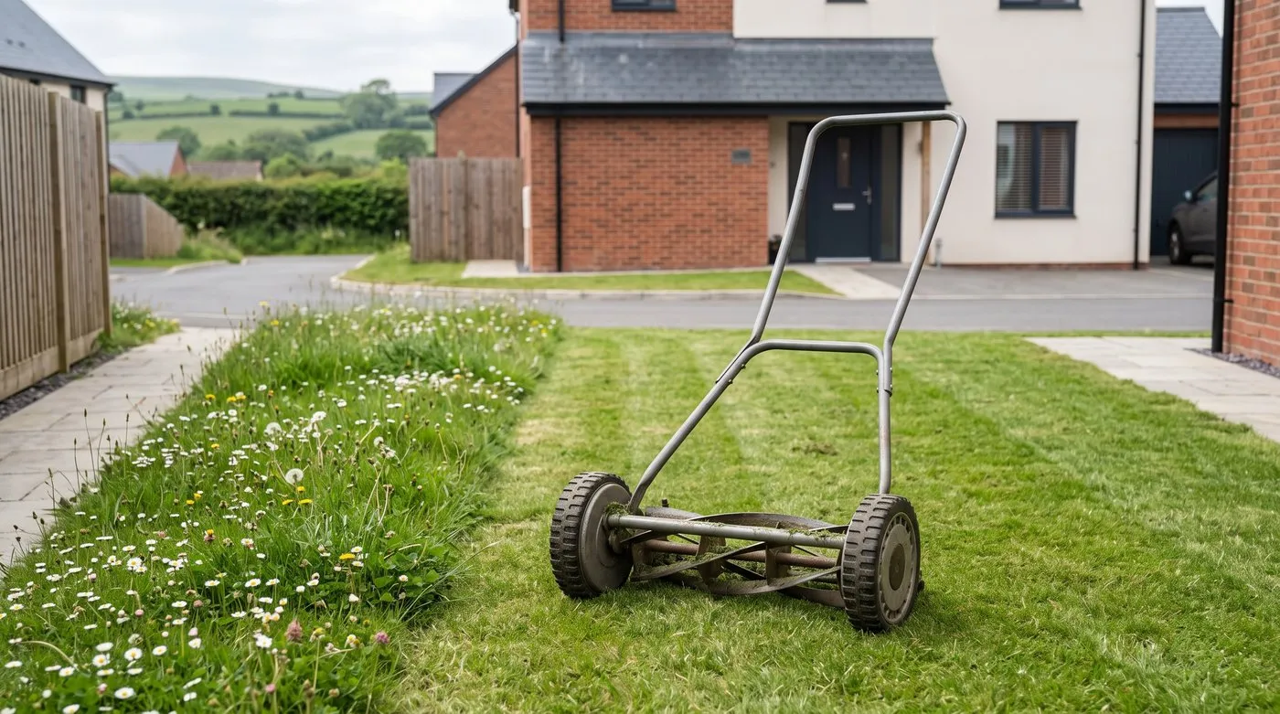 Manual push cylinder mower on a small lawn with a strip of longer grass and daisies left uncut