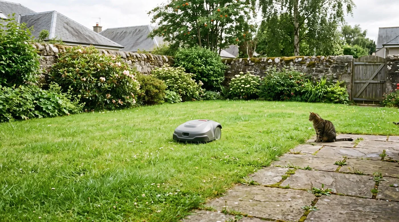Robot mower cutting a back lawn in the afternoon while a tabby cat watches from the patio