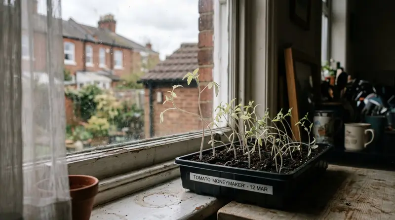 Pale stretched leggy tomato seedlings reaching toward a window on a UK terraced house windowsill