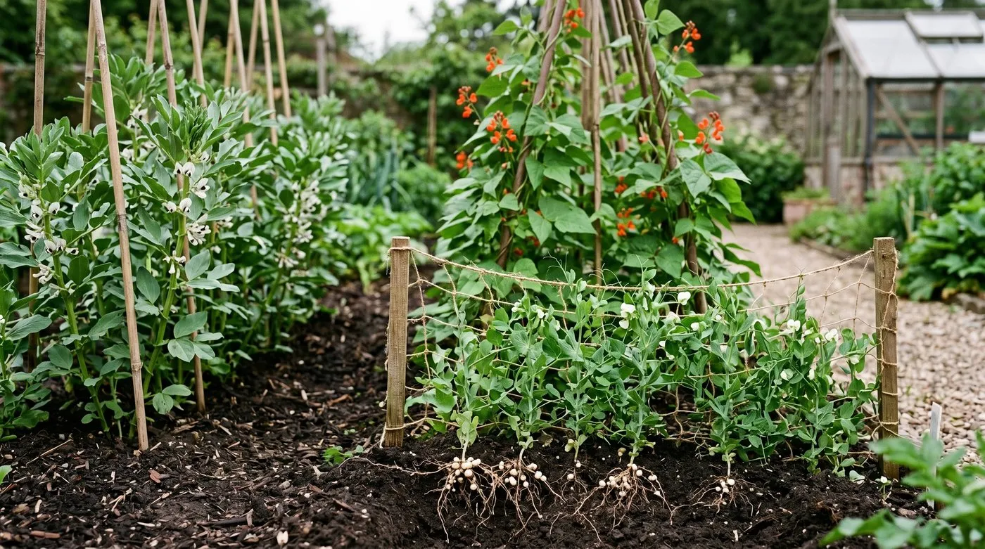 Legume family in a UK garden - broad beans climbing canes with white flowers, runner beans climbing a wigwam, and peas in a row with nitrogen-fixing root nodules visible